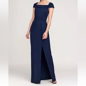 Kay Unger Anastasia Cap Sleeve Column Gown Dark Midnight NWT